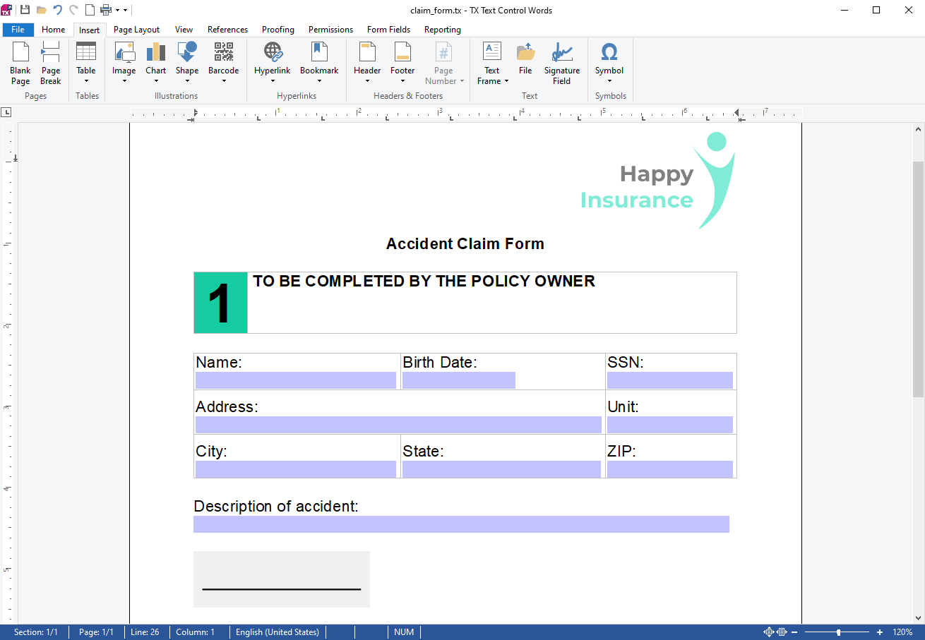 Insurance claim template