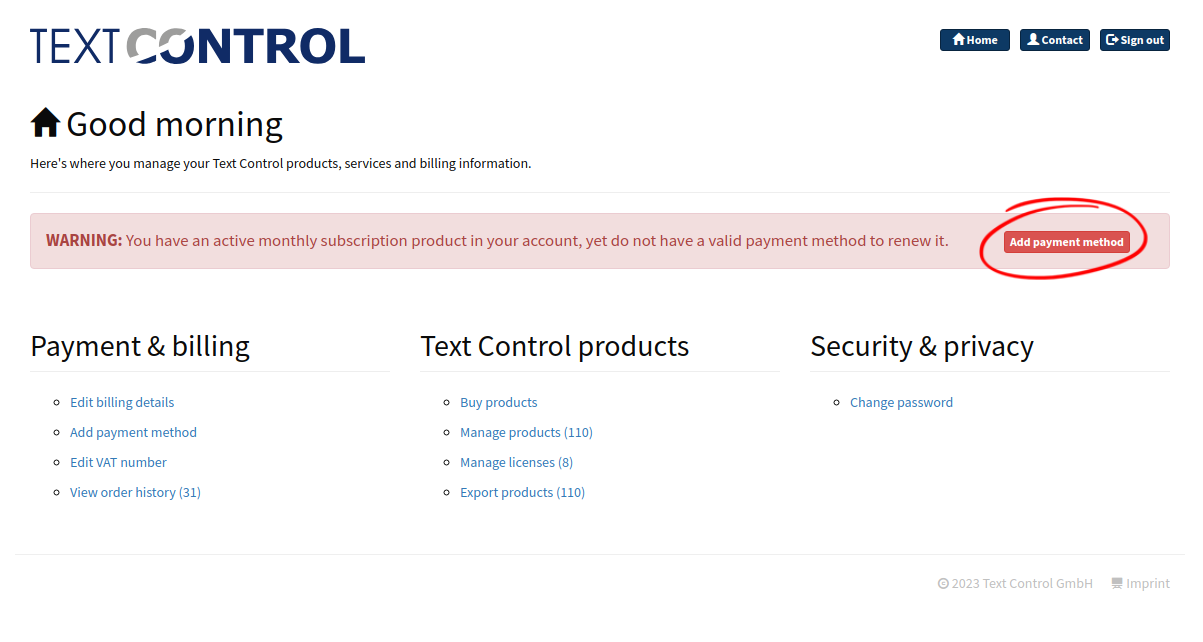 Text Control Store Dashboard