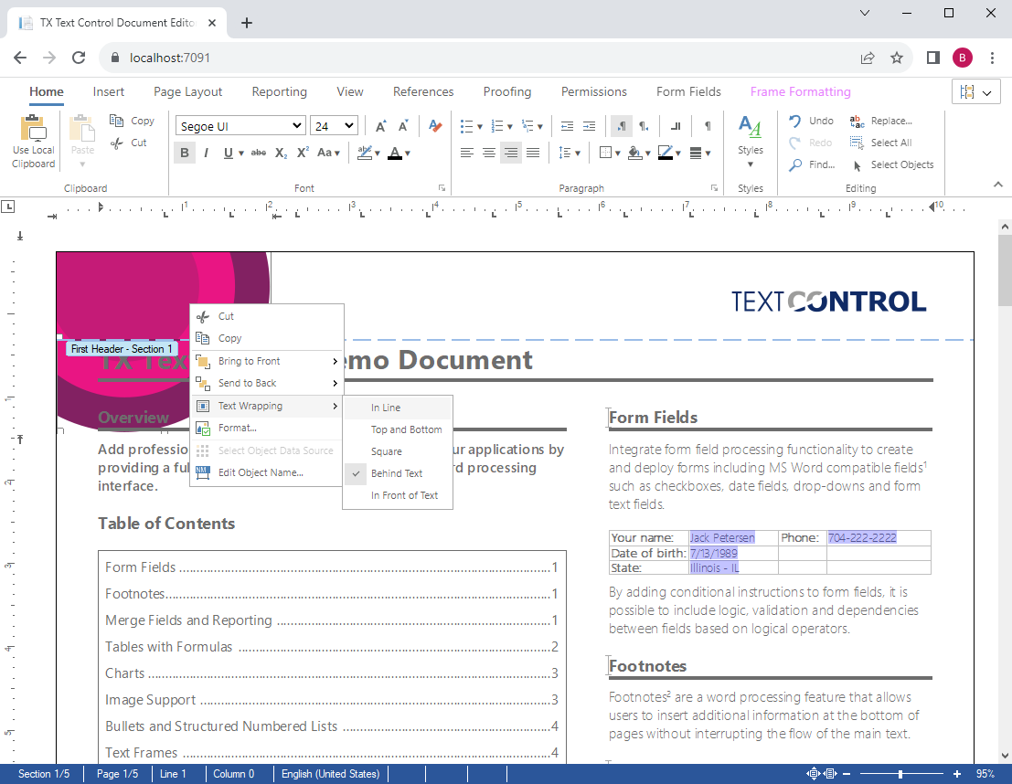 Editing documents with TX Text Control