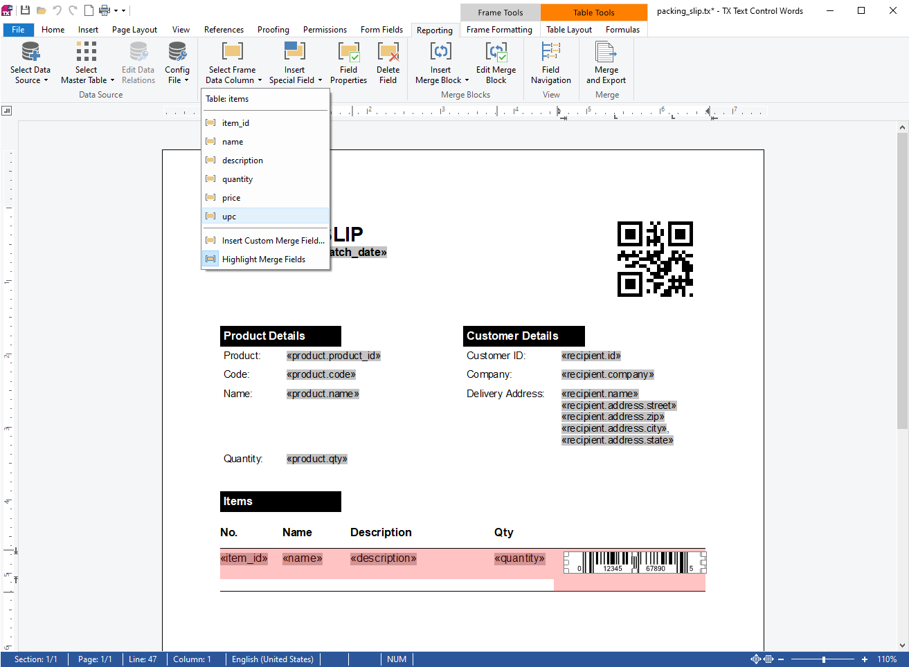 Template with QR Code Placeholder