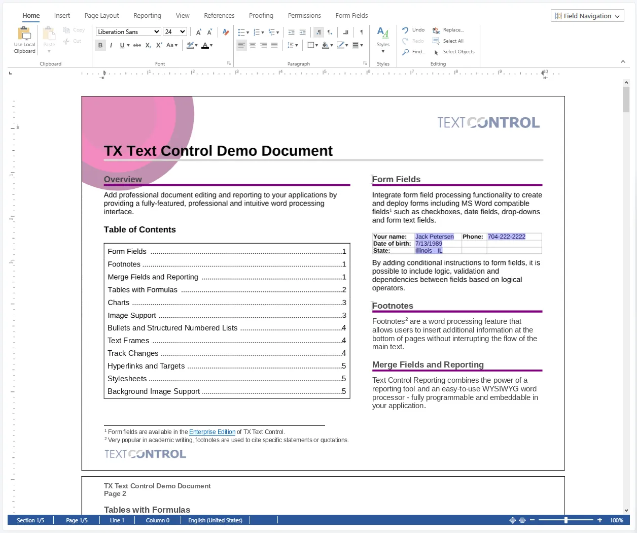 The TX Text Control document editor showing the Home ribbon and the TX Text Control Demo Document