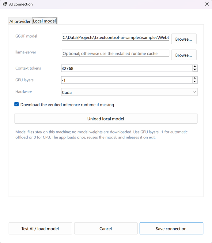 Browse to the local GGUF model in the settings.