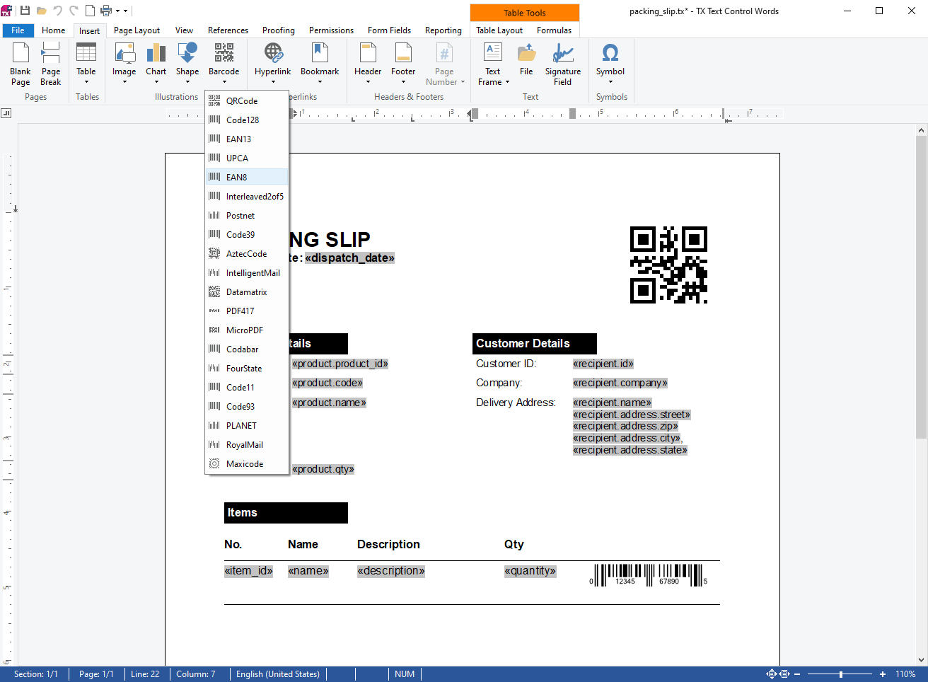 Packing Slip created with TX Text Control