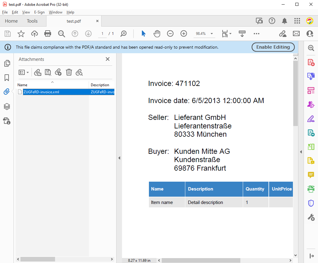 ZUGFeRD XML Attachment