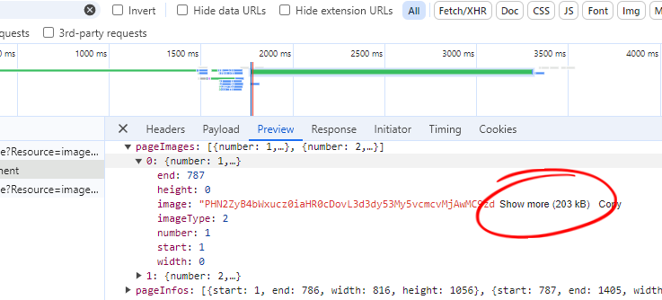Chrome Developer Tools showing the return page size of a sample document when rendered in GlyphOutlines mode