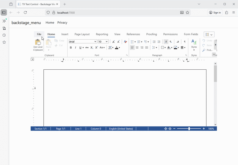 Custom Backstage interface with TX Text Control