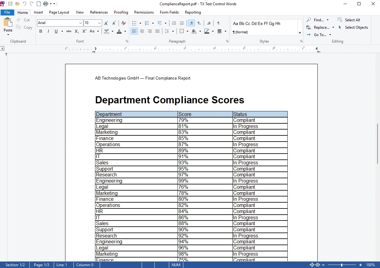 Compliance Report Template in TX Text Control