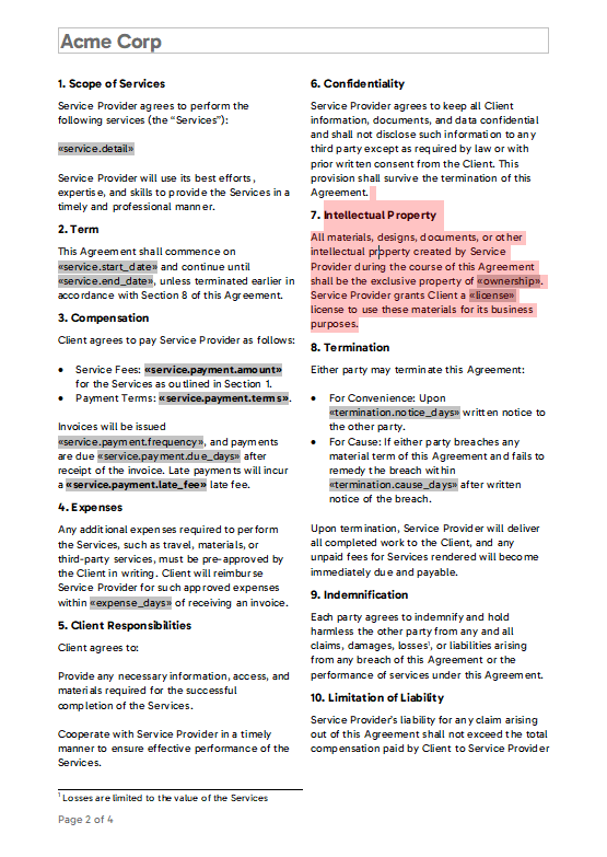 Contract Template in TX Text Control