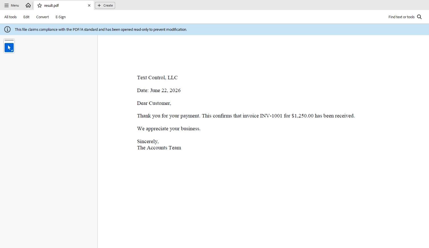 Generated PDF/A document using TX Text Control