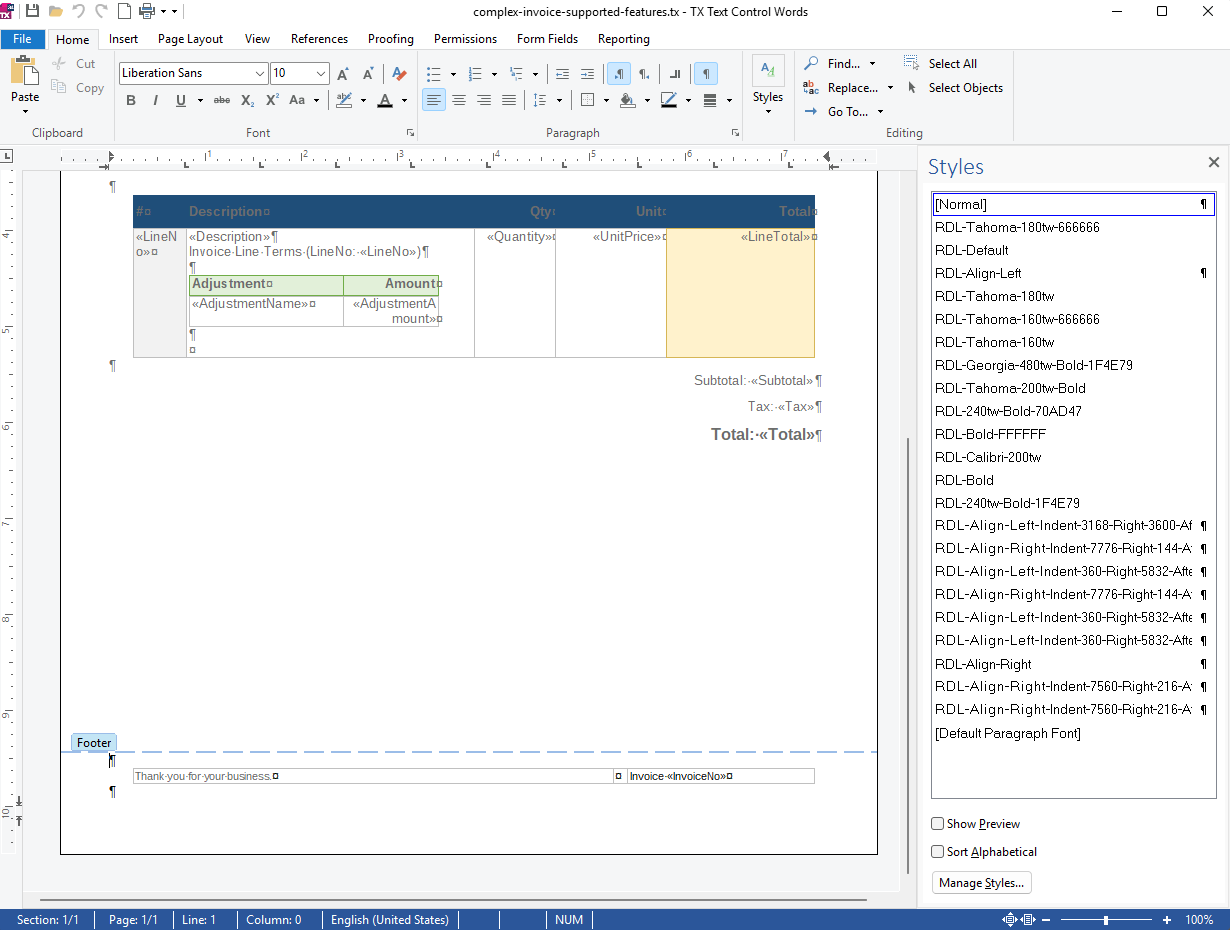 Generated formatting styles from the converted RDL template