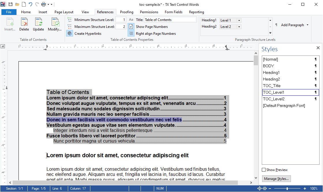 Table of contents in X19