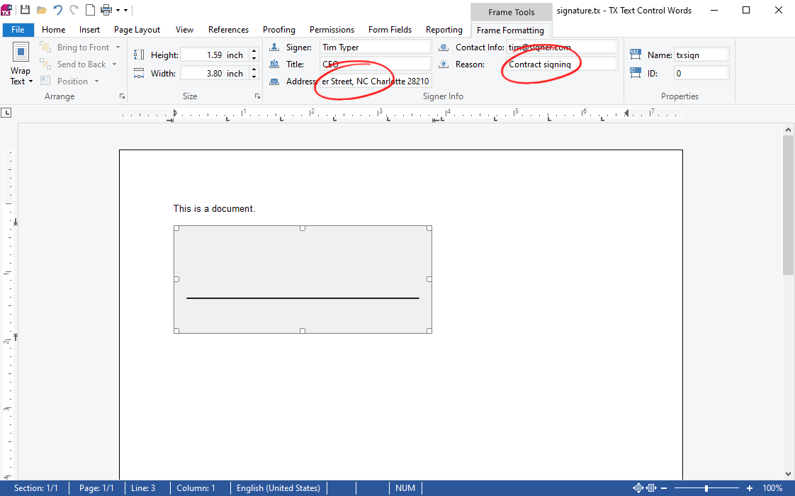 Signer Information and TX Text Control