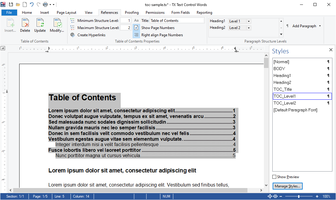 Table of contents in X19