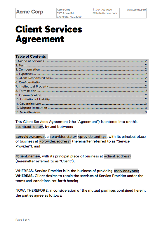 Contract Template in TX Text Control