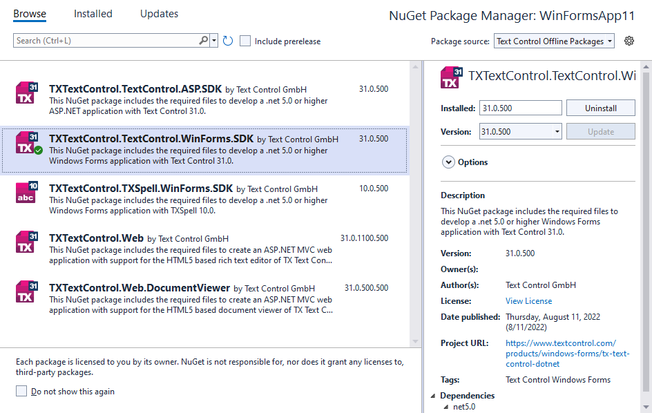 Text Control Offline Packages