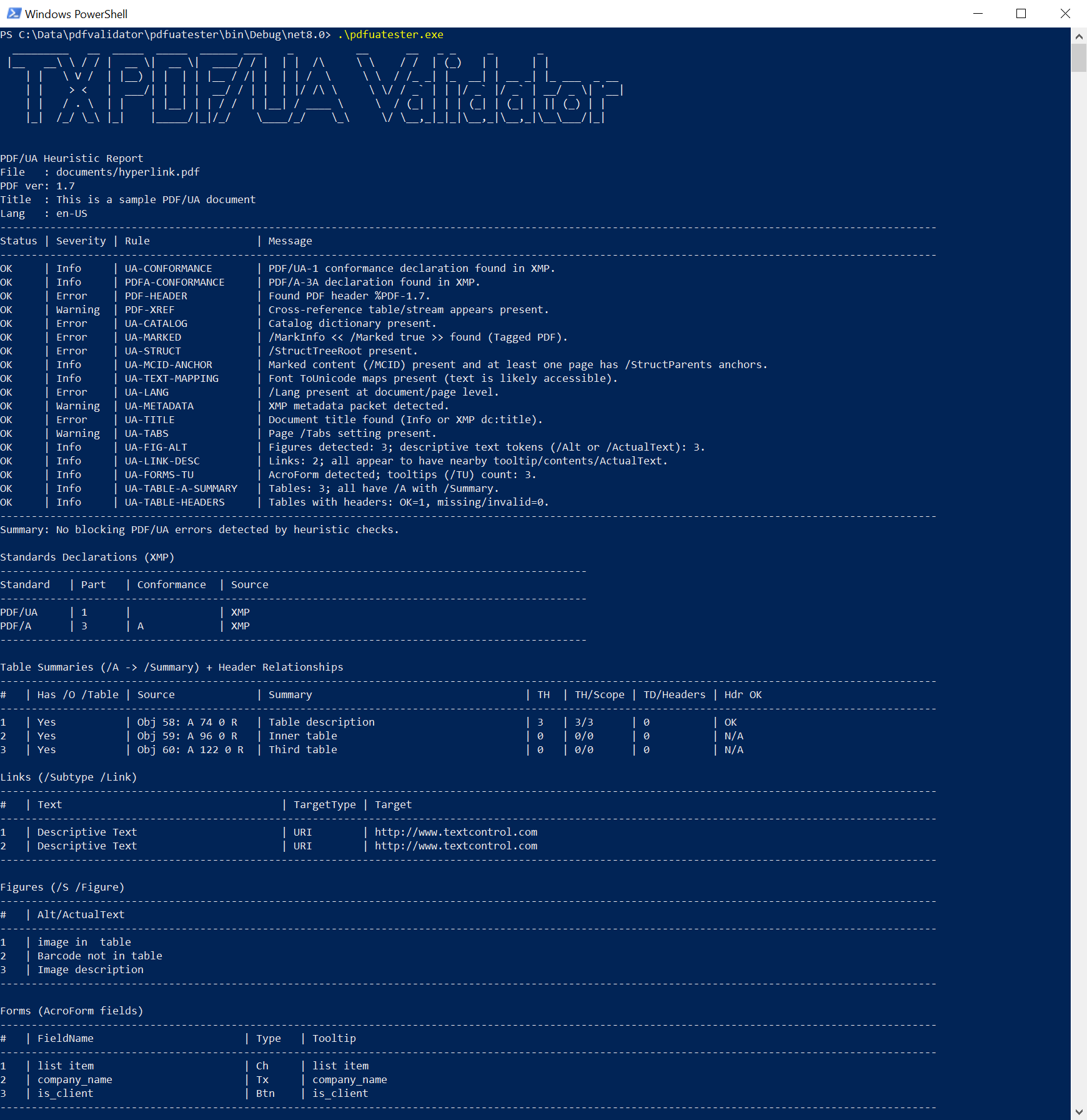 Console output PDF/UA validation