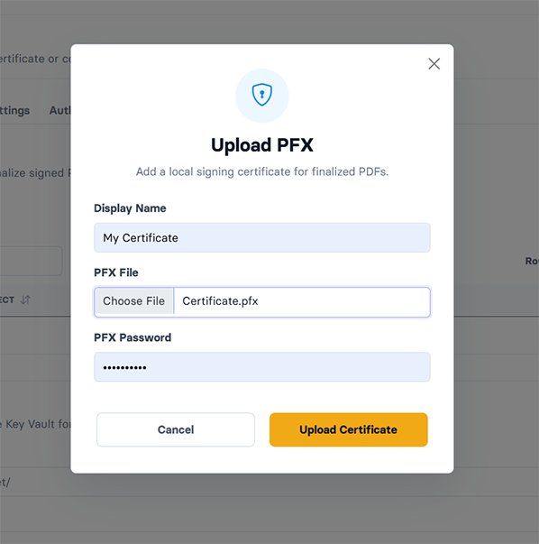 Upload Signing Certificate Upload Signing Certificate