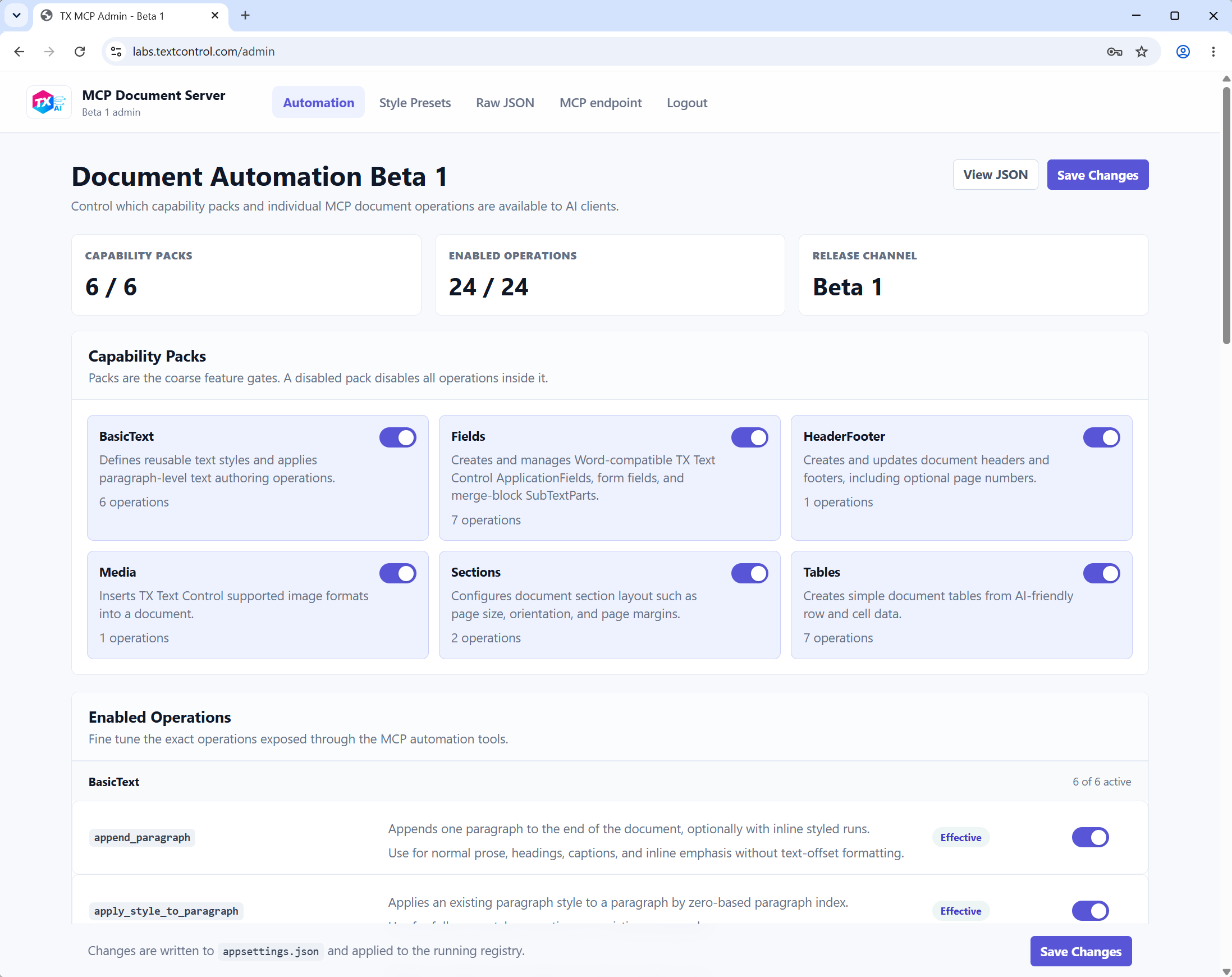 MCP admin interface for capability packs and operations