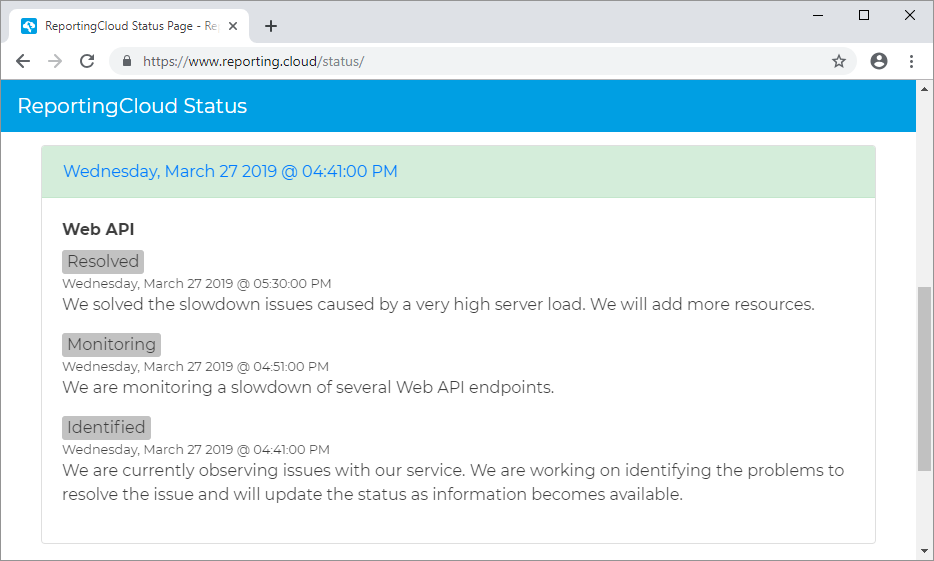 ReportingCloud API Status